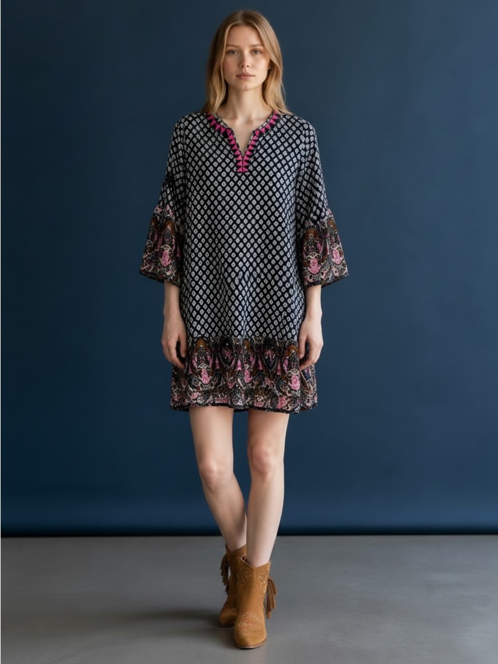❤️ Umgee Boho Hippie Embroidered Paisley Tunic Dress